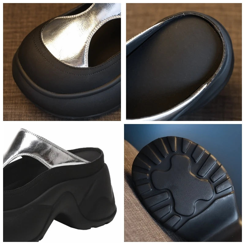 Fujin 9cm Synthetic Microfiber Leather Women Sandals Hollow Bling Vulcanize Slipper Platform Wedge Flats Chunky Sneakers Shoes