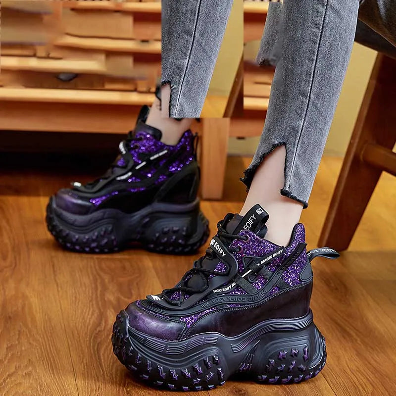 Fujin 12cm Microfiber Synthetic Chunky Sneakers Spring Shoes Genuine Leather Ankle Booties Bling Women Vulcanize Boots Autumn