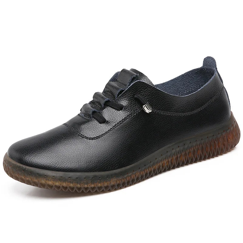 WOIZGIC Ladies Women's Female Mother Genuine Leather Vulcanized Shoes Flats Moccasin Loafers Non Slip Lace up Plus Size 41