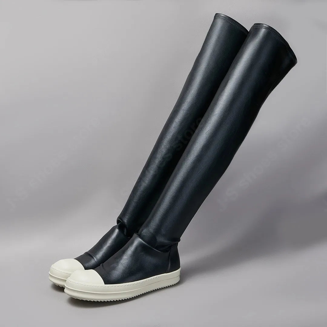 Ro Retro Style Design Elastic Sheep Print Microfiber Black Leather Over The Knee Boots Men Shoe Women Sneaker Classic Black Boot