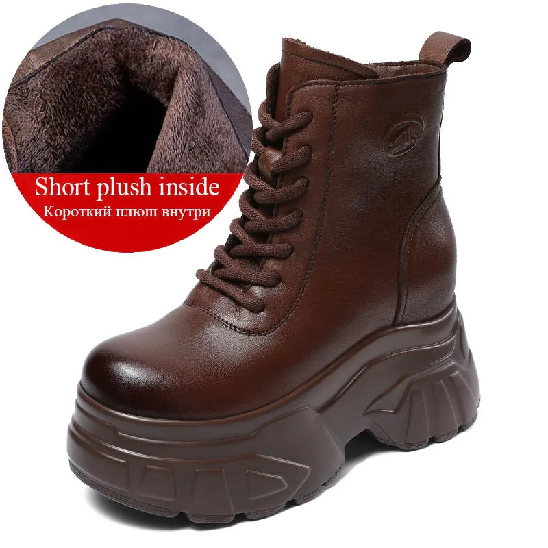 DRKANOL 2025 Women Wedges Heel Ankle Boots Autumn Winter 10cm Height Increasing Genuine Leather Platform Retro Warm Short Boots