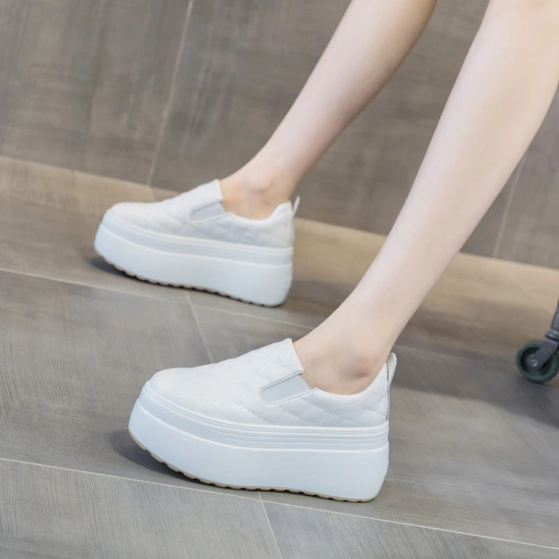 Autuspin High Platform Women Flats Summer Spring Fashion Round Toe Leather Casual Loafers Female Outdoor Daily Slip-on Shoes