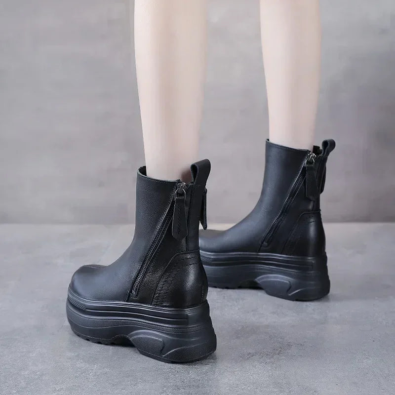 Fujin 7cm  Women Comfy Spring Booties ROME Fashion Shoes Cow Natural Genuine Leather Autumn Platform Wedge Ankle Boots Autumn