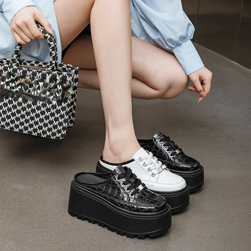 Fujin 8cm 2024 Patent Microfiber Leather Women Slipper Sandals Shoes High Brand Fashion Platform Wedge Flats Summer Lace Up