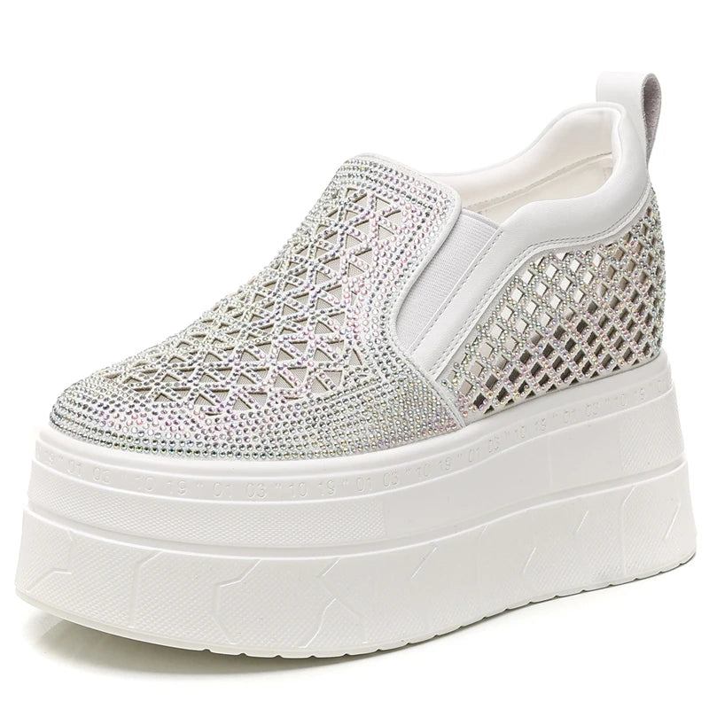 AUTUSPIN 10cm High Platform Chunky Women Breathable Synthetic Leather Crystal Ladies Shoes Summer Fashion Hollow Out Wedge Pumps