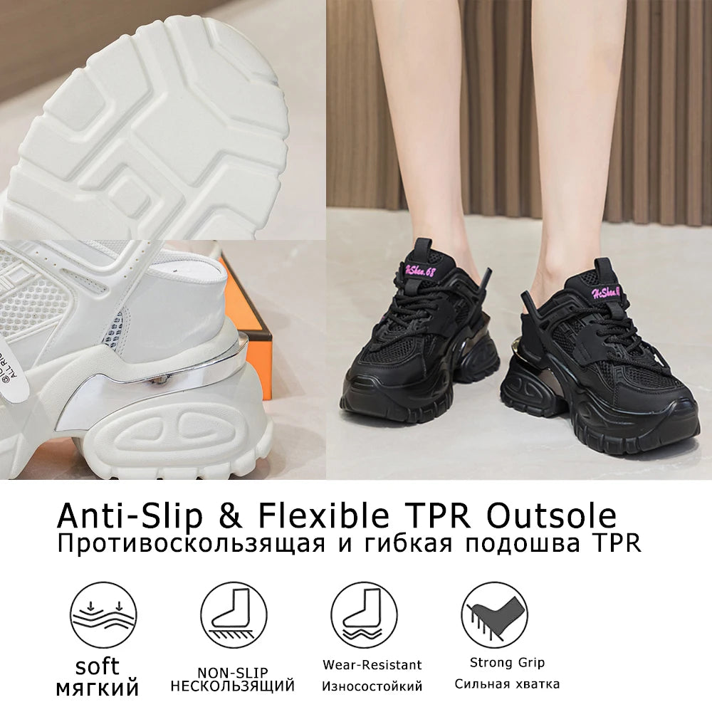 Fujin 10.5cm Air Mesh Genuine Leather Women Chunky Fashion Sneakers Platform Wedge Breathable Slippers Comfy Hollow Summer Shoes