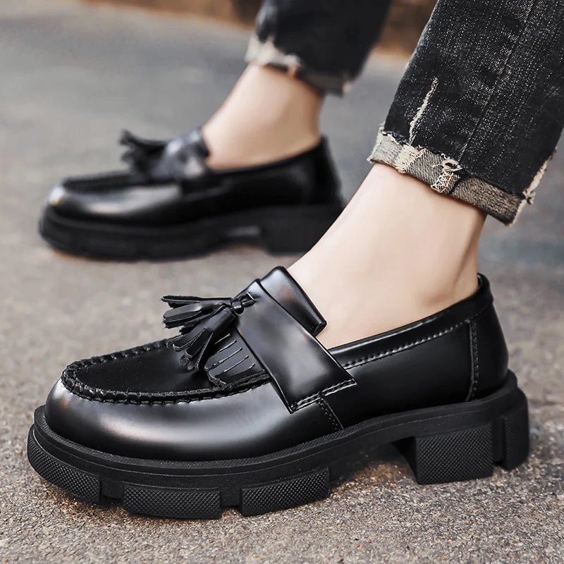 STRONGSHEN Men Leather Tassel Shoes Brand Luxury Loafers Black Moccasin Thick Bottom Business Casual Formal Men's Dress Shoes