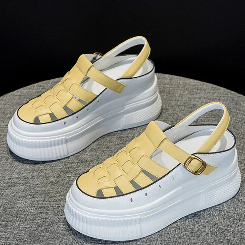 Fujin 8cm Platform Wedge Buckle Weave Sandals Ladies Shoes Women Moccasins Summer Retro British Natural Cow Genuine Leather