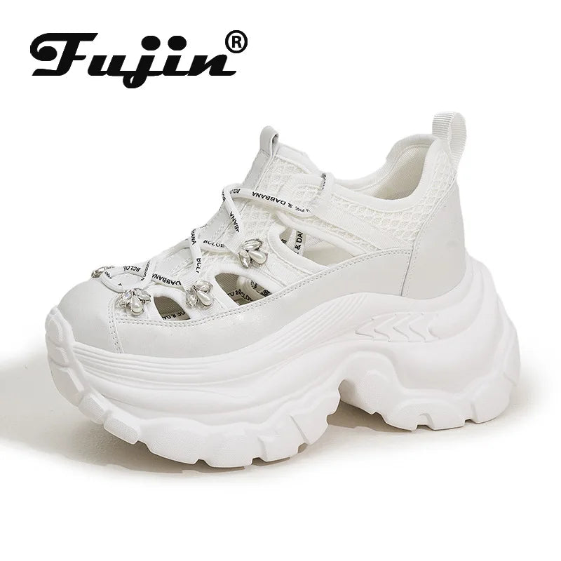 Fujin 9cm Air Mesh Microfiber Leather Comfy Booties Chunky Sneaker Ankle Boots Platform High Brand Fashion Summer Shoes Women