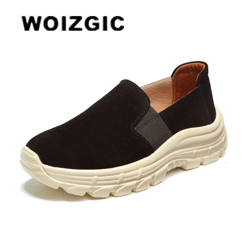 WOIZGIC Chaussures plates pour femmes, mocassins en cuir véritable, en daim de vache, antidérapantes, respirantes et vulcanisées
