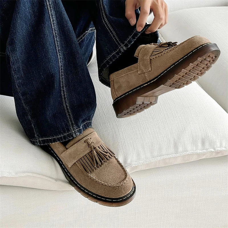 STRONGSHEN Men Tassels Genuine Leather Shoes Suede Thick Sole Oxford Shoes Formal Loafers Business Dress Shoes Casual Footwear