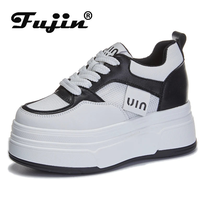 Fujin 9cm Genuine Leather Women Spring Platform Wedge Autumn Sneakers Chunky Comfy Shoes Heels Women Fashion Breathable Ladies