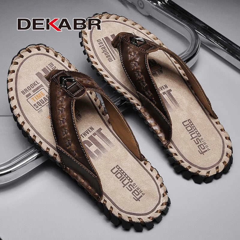 DEKABR Men's Flip Flops Fashion Genuine Leather Sweat-Absorbent Breathable Wear-Resistant Non-Slip Shoes Large Size 38-48
