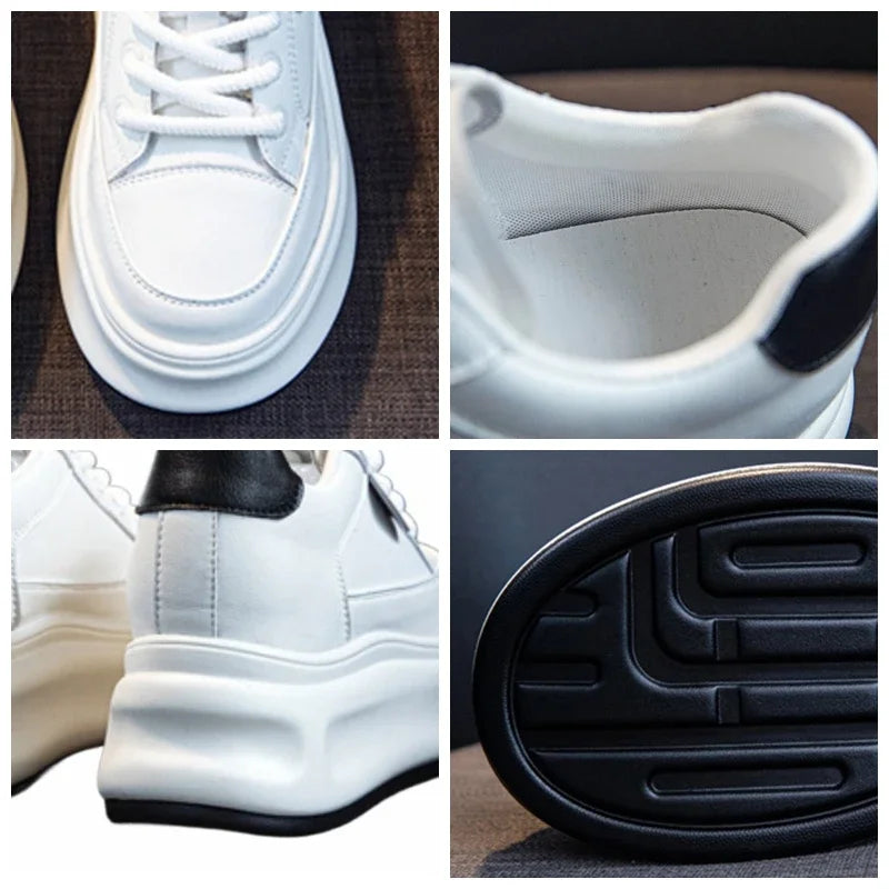 Fujin 8cm Cow Genuine Leather Comfy Breathable Skate Board Platform Wedge Sneakers Vulcanized Chunky Hidden Heel Block Shoes