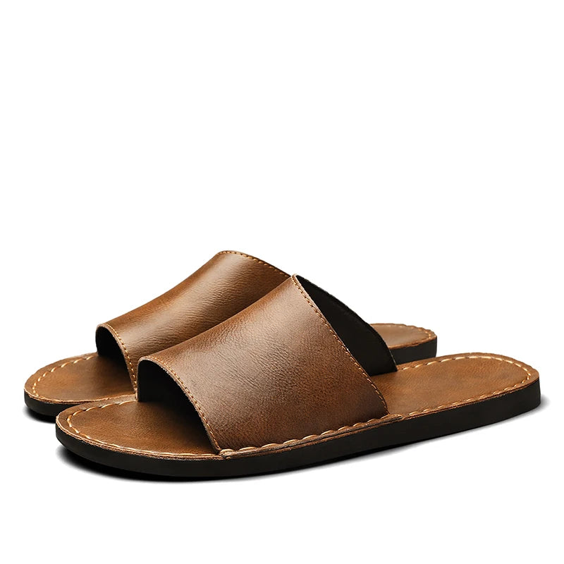 STRONGSHEN Summer Men Genuine Leather Slippers Designer Casual Slides Outdoor Beach Shoes Breathable Anti Slip Soft Sole Sandals