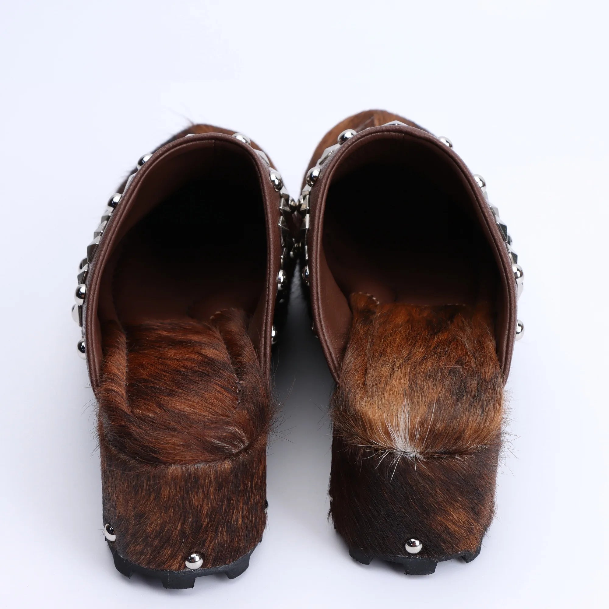 Women's Handmade Western Cowboy Clogs Shoes with Natural Calf Hair, Sheepskin Lining, and Arch Support - Featuring Shiny Rivets