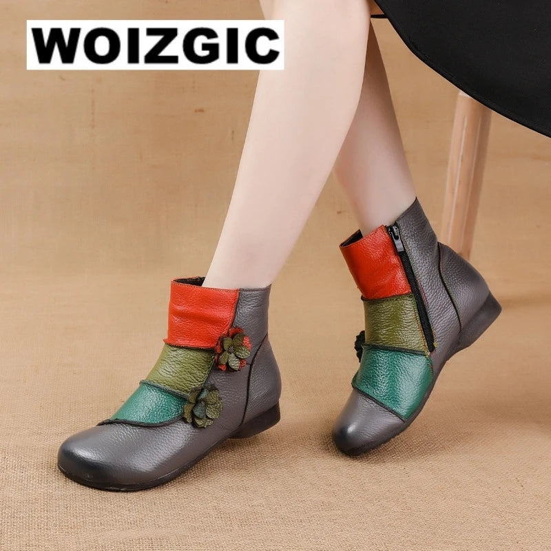 WOIZGIC Bottes en cuir véritable pour femmes, chaussures à la cheville, fermeture éclair, style ethnique, automne, fourrure en peluche, fleur chaude