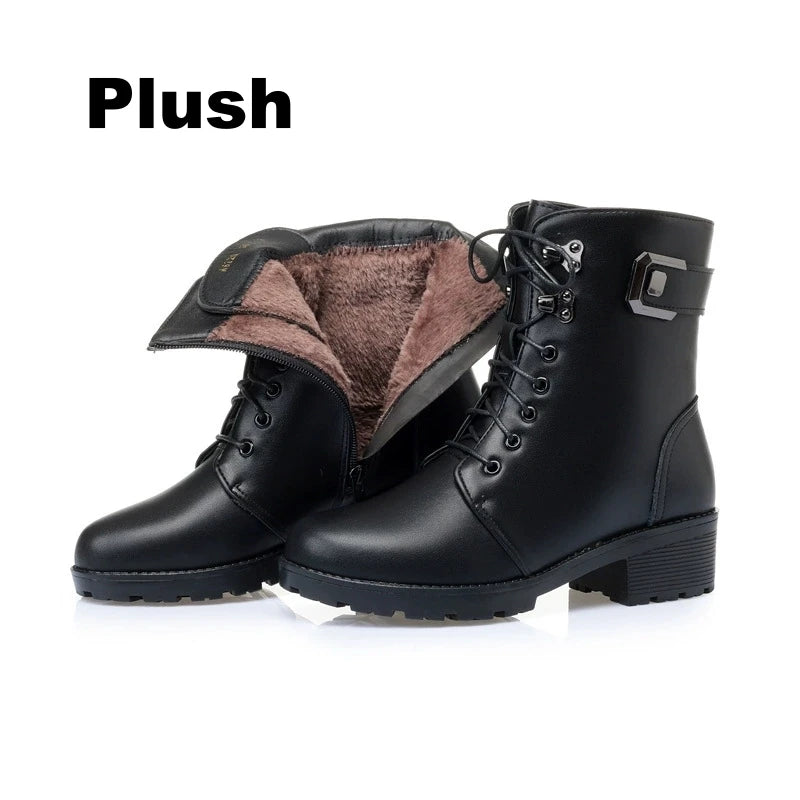 WOIZGIC Female Ladies Women Genuine Leather Ankle Boots Platform Winter Antumn Plush Fur Warm Shoes Plus Size Lace Up 35-43