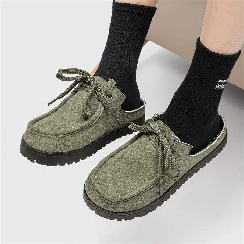 STRONGSHEN Summer Half Slippers For Man Original Suede Loafers Men Designer Shoes Lace-up Flat Casual Shoes zapatos de hombre