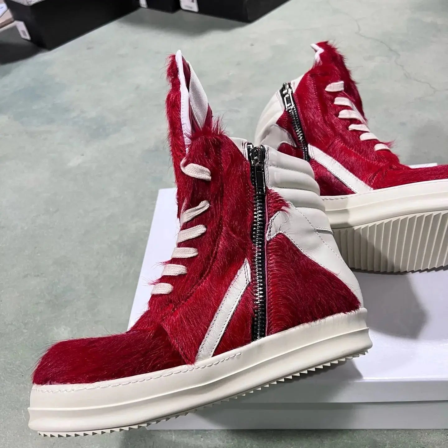 R-o Brand Men Shoe Red Horse Hair High top Casual Shoes Women Sneakers Red Horsehair Boots Lace Up Sneaker Zipper Ankle Boot