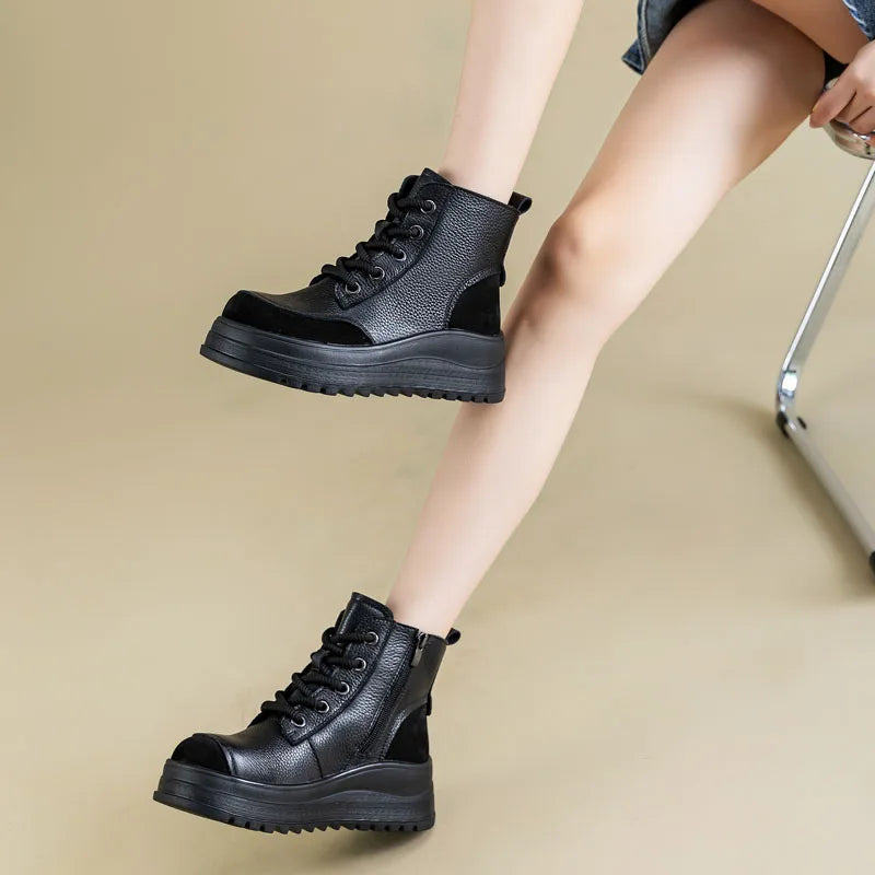 DRKANOL Fashion Women Thick Sole Wedges Heel Ankle Boots Spring Autumn Round Toe Genuine Leather Chunky Platform Casual Boots