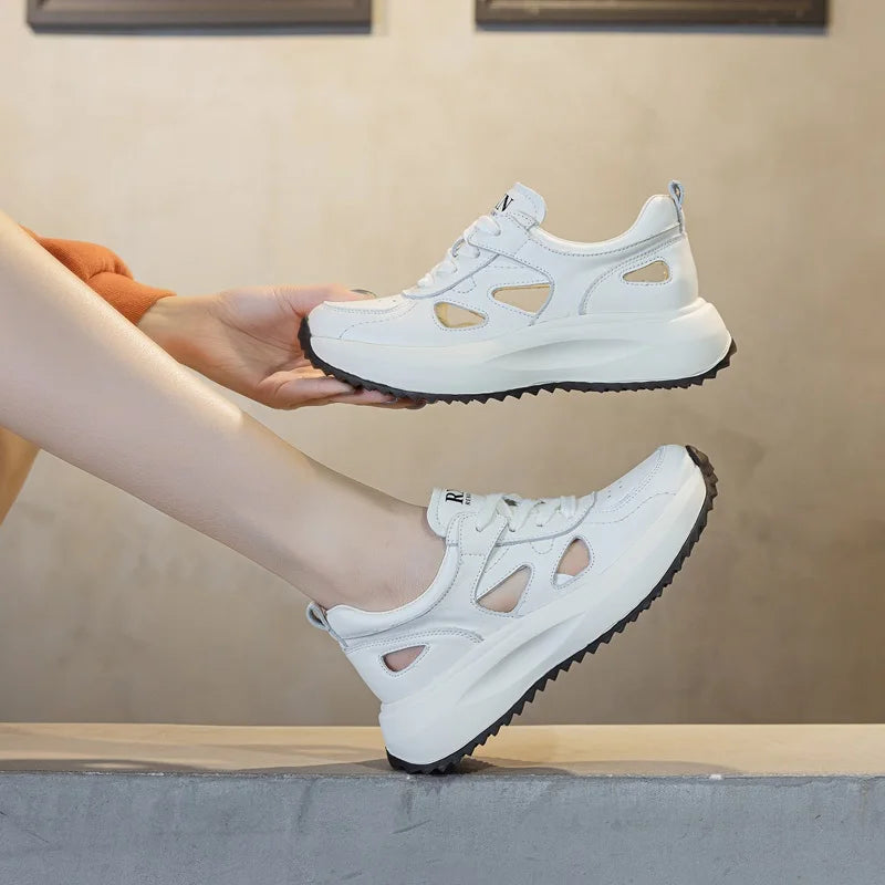 DRKANOL Casual Sneakers Women 2025 Summer Hollow Breathable Genuine Leather Thick Sole Platform Lightweight Ladies Shoes White