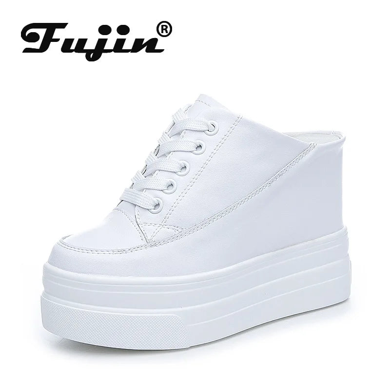 Fujin 11cm Platform Wedge Women Shoes Mules Genuine Leather Hidden Heel Women Summer Shoes Slides Sandals Slippers Spring Autumn