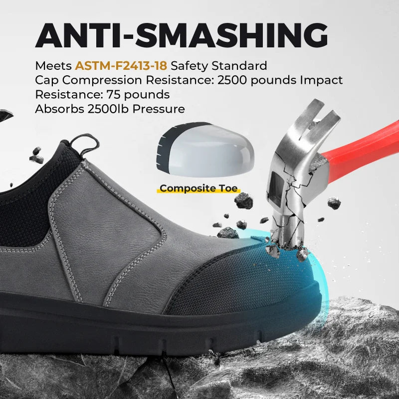 FitVille Widened Men'S Work Shoes Slip-On Composite Steel Toe Shoe Safe Puncture-Proof For Swollen Feet For Construction Sites