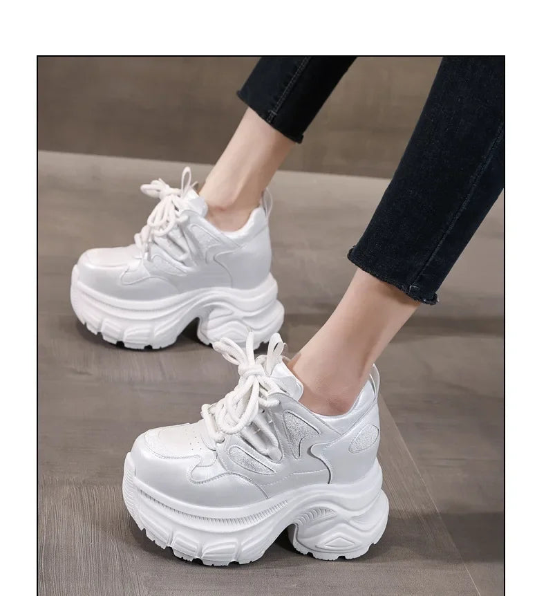 Fujin 12cm Microfiber Leather Chunky Sneaker Loafer Spring Autumn Platform Wedge Vulcanize Vulcanize High Bran Women Shoes