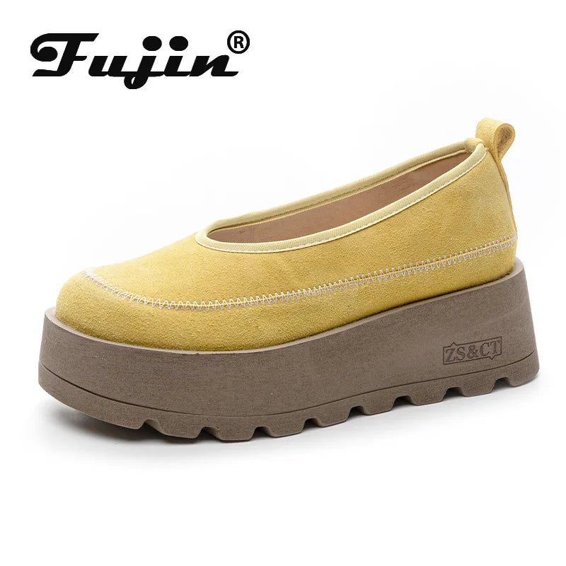 Fujin 6cm 2025 Suede Cow Genuine Leather Spring Combat Shoes Women Platform Wedge Flats Ladies Booties Autumn Ankle Booties