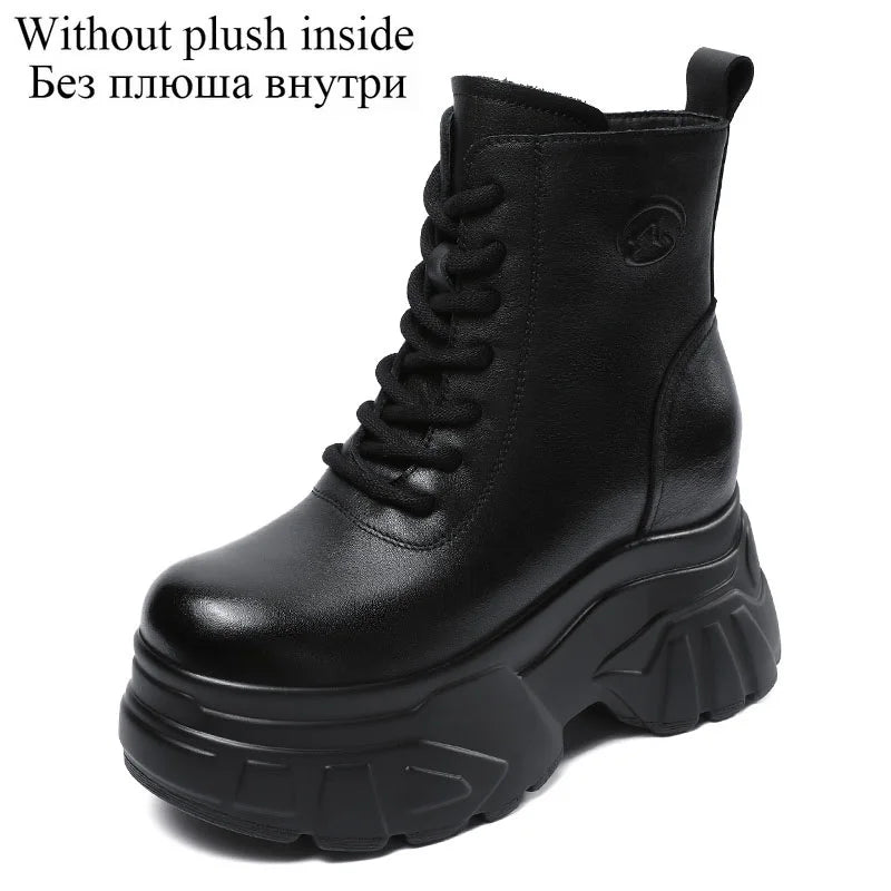 DRKANOL 2025 Women Wedges Heel Ankle Boots Autumn Winter 10cm Height Increasing Genuine Leather Platform Retro Warm Short Boots