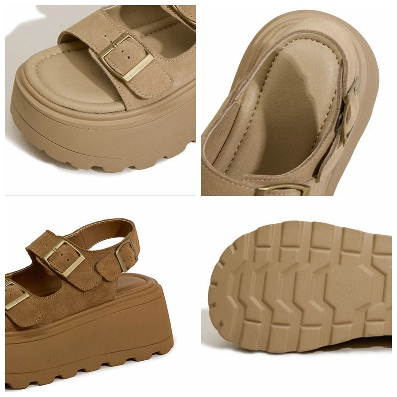 Fujin 7cm 2025 Suede Leather High Brand Platform Wedge Flats Summer Chunky Sneaker Sandals Comfy Peep Toe Fashion Shoes Women