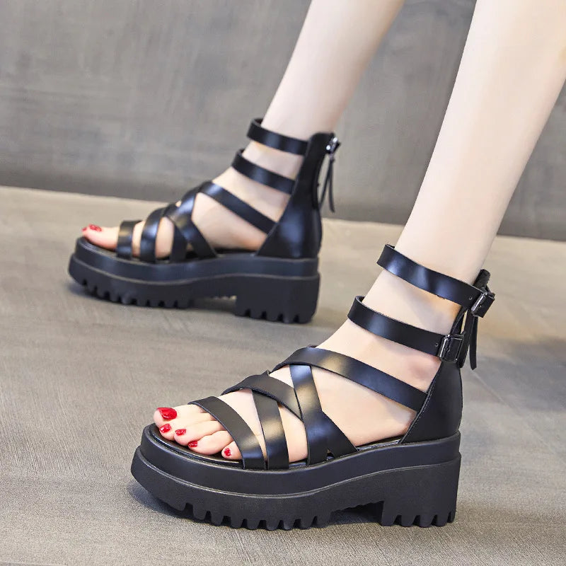 Fujin 7cm Genuine Leather Platform Sandas Wedge Shoes Summer Women Roman Boots Open Toe Women Summer Gladiator Cross Tied Zip