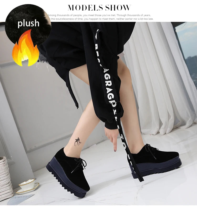 Fujin 7.5cm Cow Suede Genuine Leather Platform Wedge Autumn Winter Spring Ins Hot Sell Chunky Sneakers Plush Women Comfy Shoes