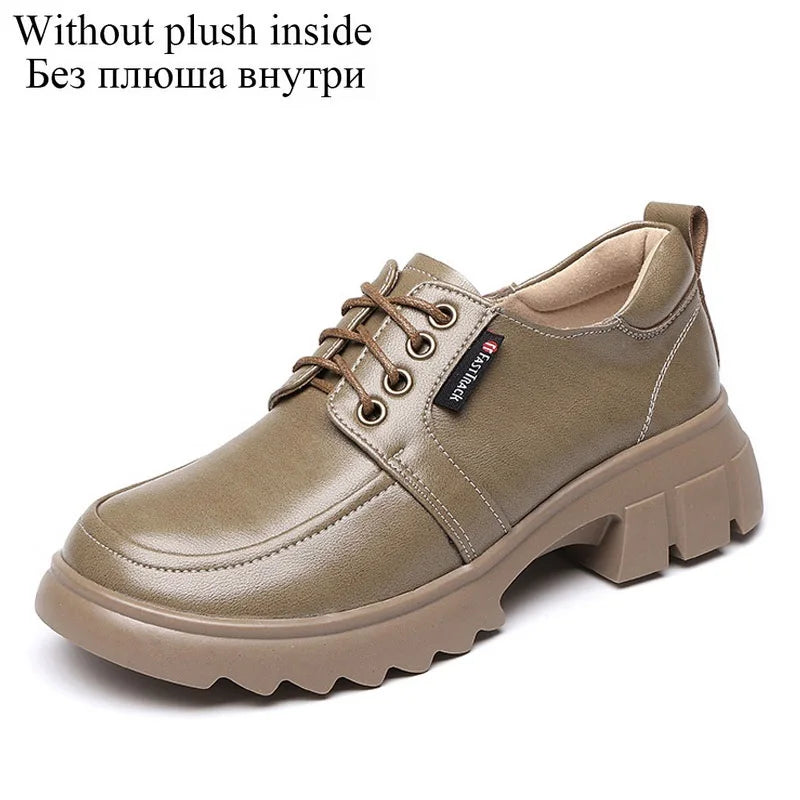 DRKANOL Fashion Women Shoes Lace-Up Round Toe Med Thick Heel Casual Shoes Ladies Real Cowhide Autumn Winter Warm Shoes H5089