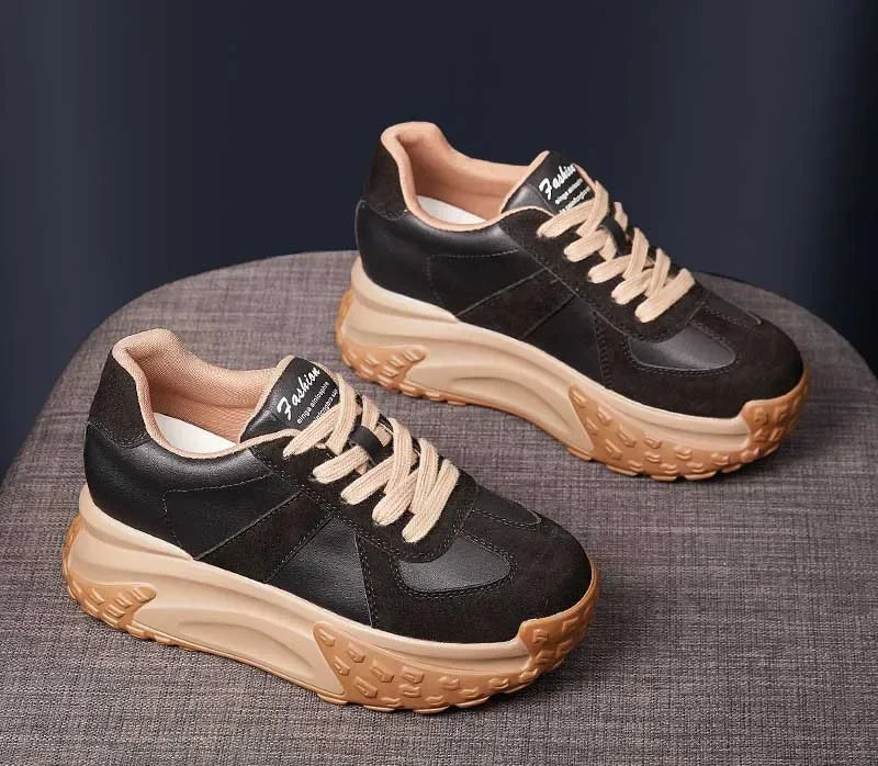 Koznoy 7cm Genuine Leather Women Chunky Sneakers Loafer Mixed Color Loafer Platform Wedge Flats Spring Autumn Vulcanize Shoes