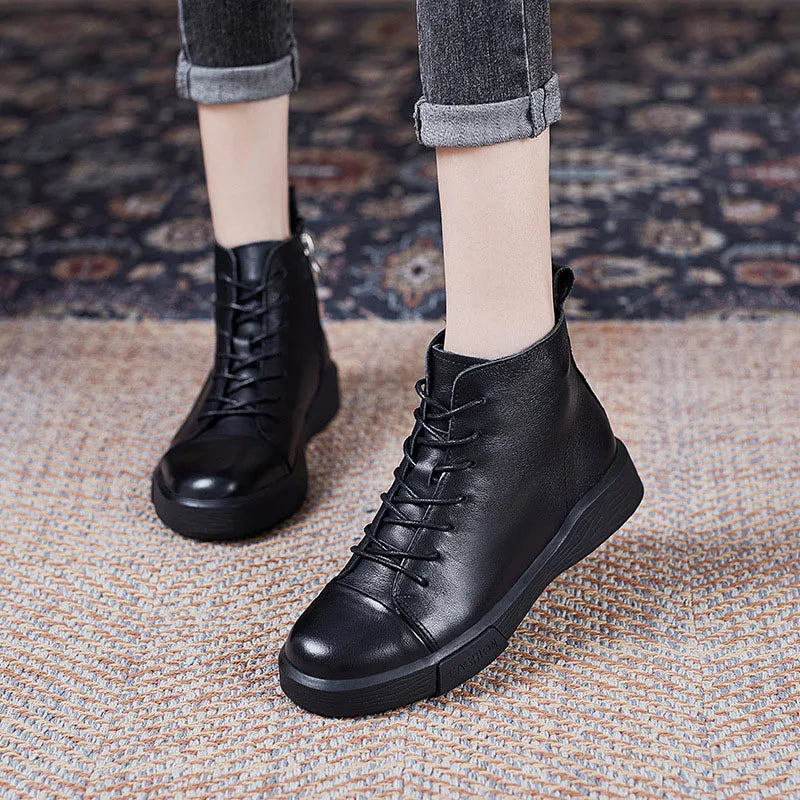 DRKANOL 2025 Fashion Women Flat Ankle Boots 100% Cow Genuine Leather Round Toe Autumn Winter Warm Casual Short Boots Black Brown