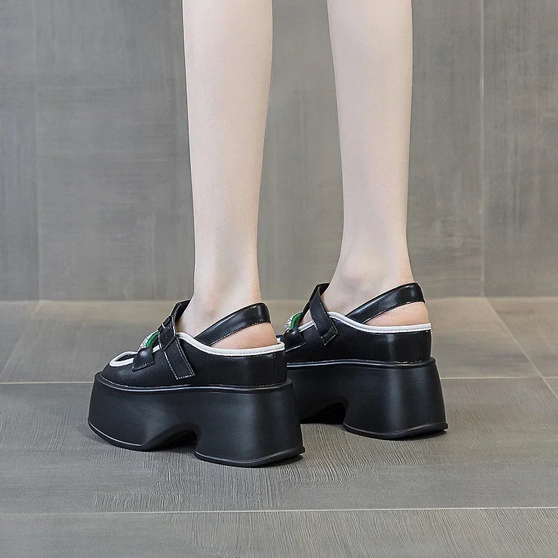 Fujin 11cm New Air Mesh Genuine Leather Platform Chunky Sneakers Women Sandals Casual Hollow Rhinestone Summer Slippers Shoes