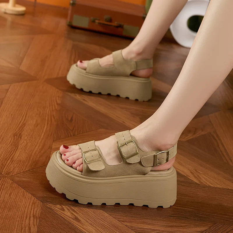 Fujin 7cm 2025 Suede Leather High Brand Platform Wedge Flats Summer Chunky Sneaker Sandals Comfy Peep Toe Fashion Shoes Women