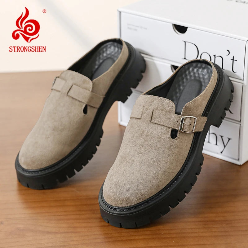 Men Leather Half Slippers Business Semi-towed Leather Shoes Thick-soled Wear-resistant Fashionable Shoes Indoor Outdoor Slippers