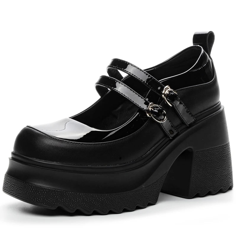 AUTUSPIN 10cm Mary Jane Women Pumps Fashion Platform Thick High Heels Spring Autumn Japanese Style Patent Split Leather Shoes