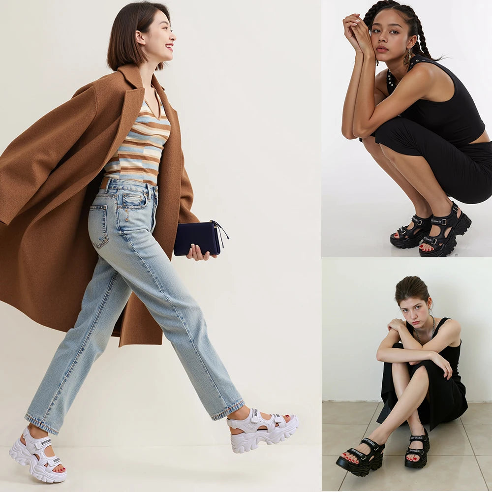 Fujin 8cm Women Sandals Platform Thick Sole Chunky Shoes Platform Ins Casual Summer Shoes Sandals Beige Black Comfortable