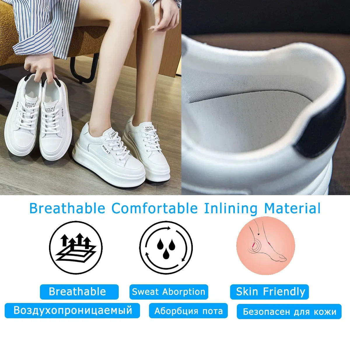 Fujin 8cm Cow Genuine Leather Comfy Breathable Skate Board Platform Wedge Sneakers Vulcanized Chunky Hidden Heel Block Shoes