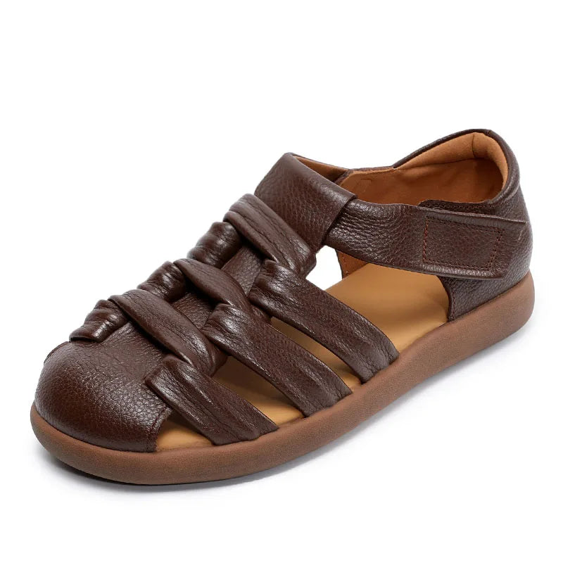 DRKANOL2025 Roman Sandals For Women Summer Handmade Woven Shoes Retro Style Genuine Cow Leather Soft Sole Casual Flat Sandals