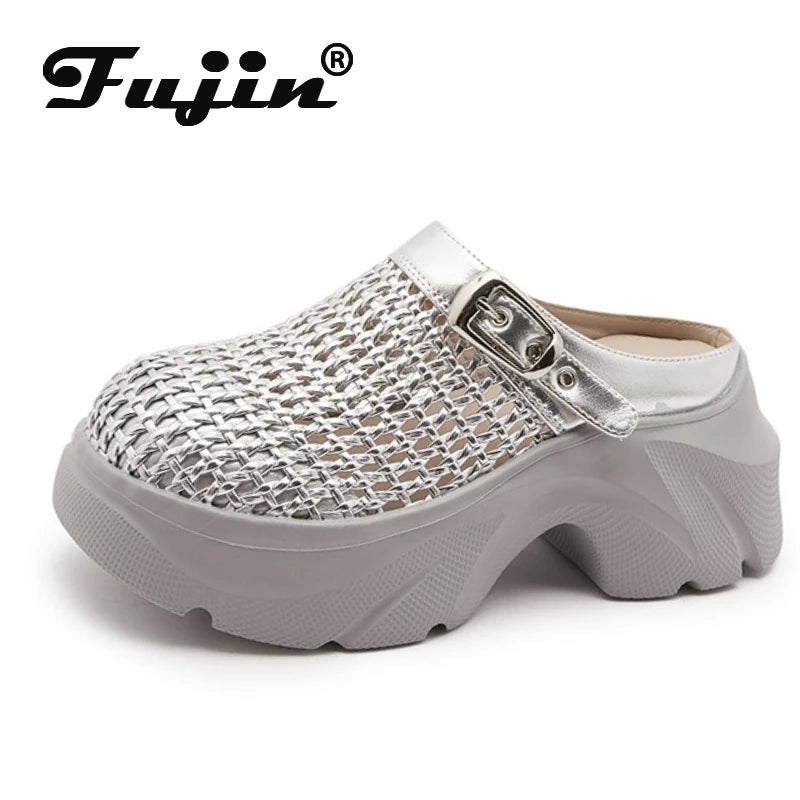 Fujin 7.5cm Microfiber Leather Platform Wedge High Brand Breathable Women Sandals Flats Round Toe Slipper Hollow Slip on Shoes
