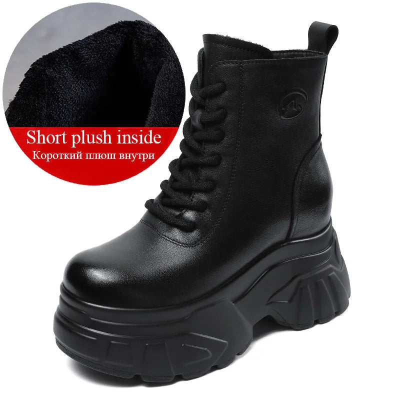 DRKANOL 2025 Women Wedges Heel Ankle Boots Autumn Winter 10cm Height Increasing Genuine Leather Platform Retro Warm Short Boots