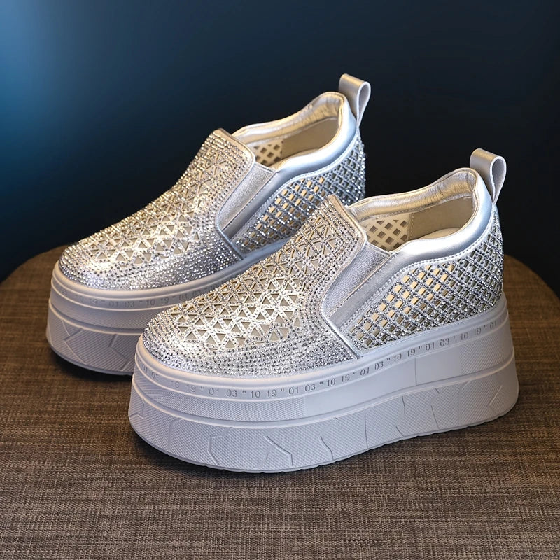 AUTUSPIN 10cm High Platform Chunky Women Breathable Synthetic Leather Crystal Ladies Shoes Summer Fashion Hollow Out Wedge Pumps
