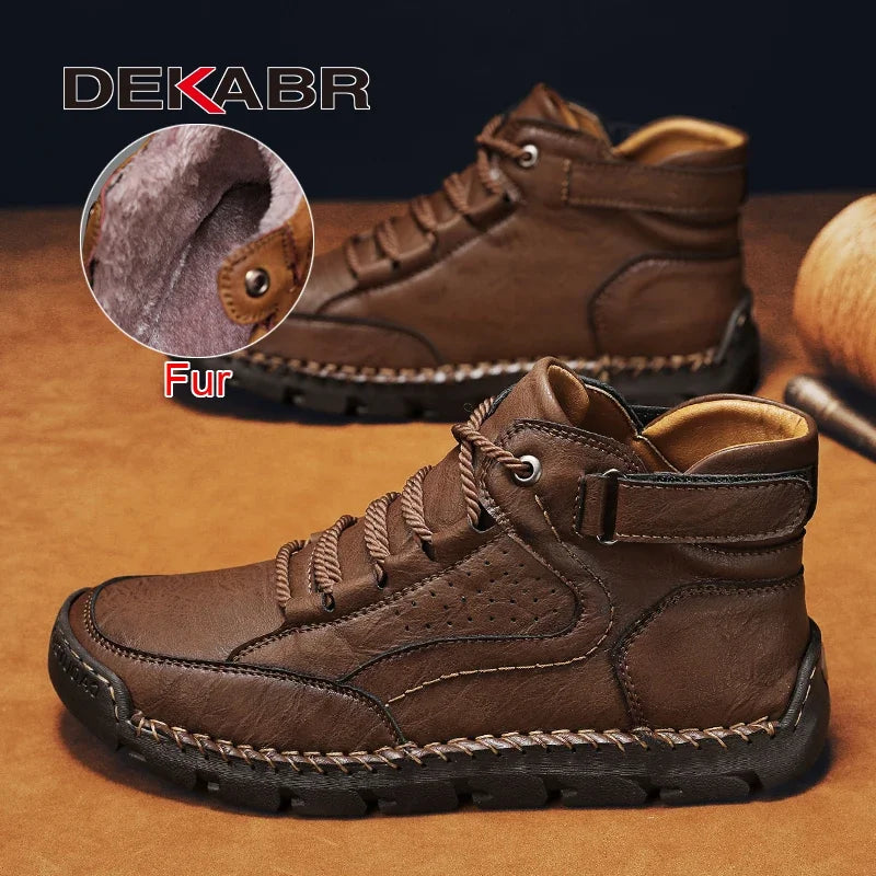 DEKABR PU Leather Men Boots Winter Warm Outdoor Comfortable Boots Handmade Ankle Boots Business Boots Big Size 38-48