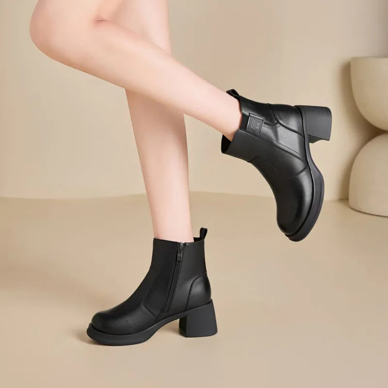 DRKANOL 2025 Women High Heel Ankle Boots Autumn Winter Plush Warm Shoes Quality Real Cowhide Trend Thick Heel Casual Short Boots