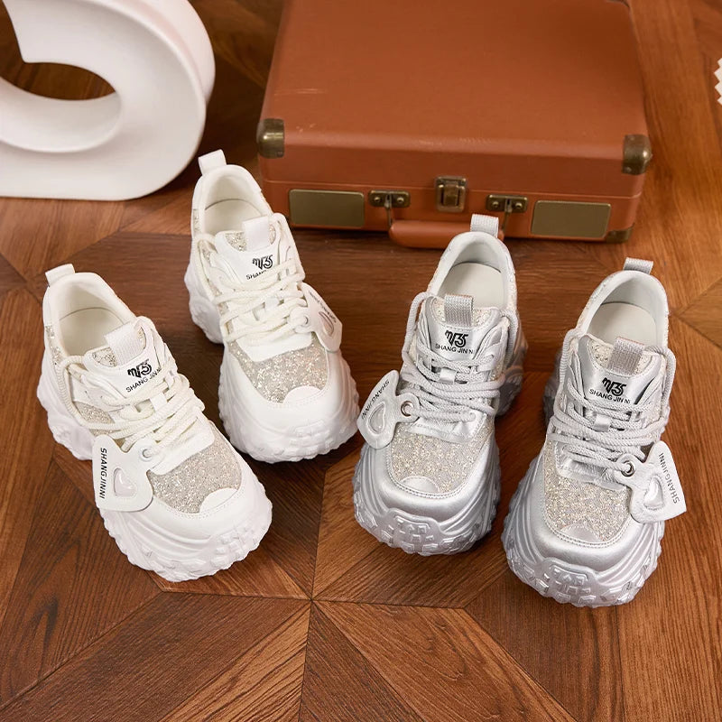 AUTUSPIN 10cm High Chunky Sneakers Women Newest Autumn 2025 Fashion Bling Bling Shoes Outdoor Lace-up Brand Platform Sneaker